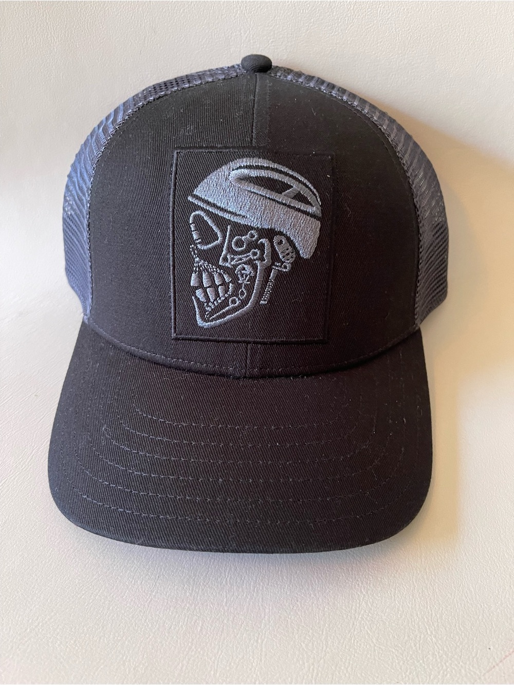 Mountain Hardware Trucker Hat Embroidered Skull Patch made of bike parts NWT